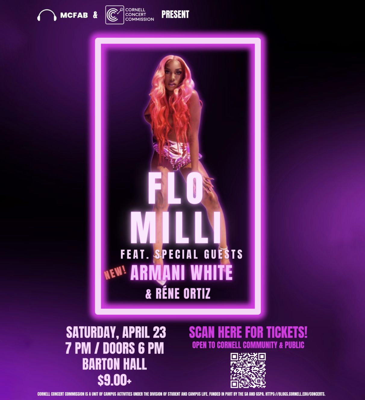 Neon purple flyer for Flo Milli at Barton Hall, presented by MCFAB and Cornell Concert Commission